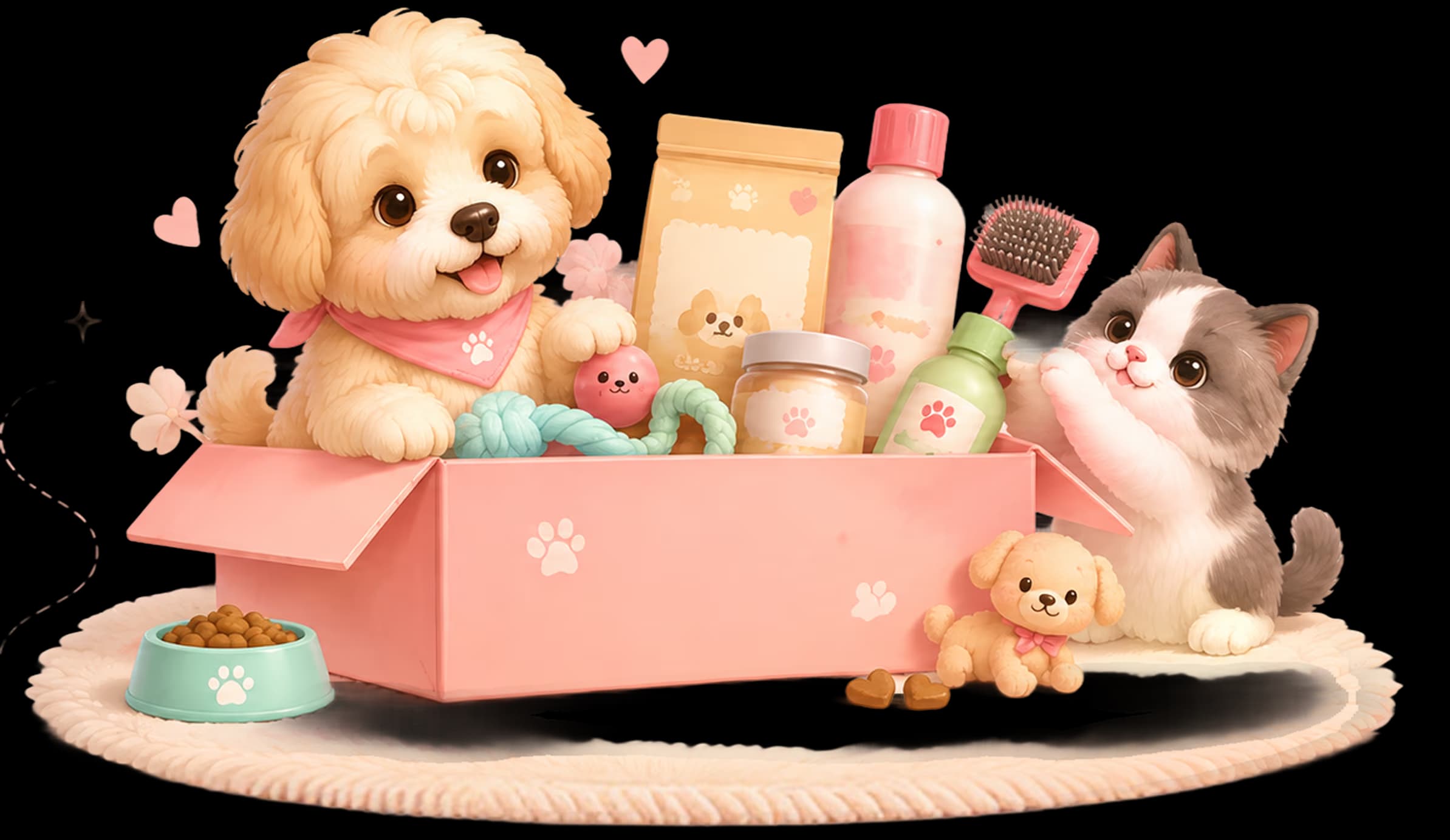 a dog and a cat playing with toys and stuff